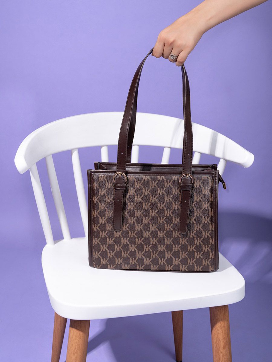 Styli Typography Printed Structured Handheld Bag, Brown