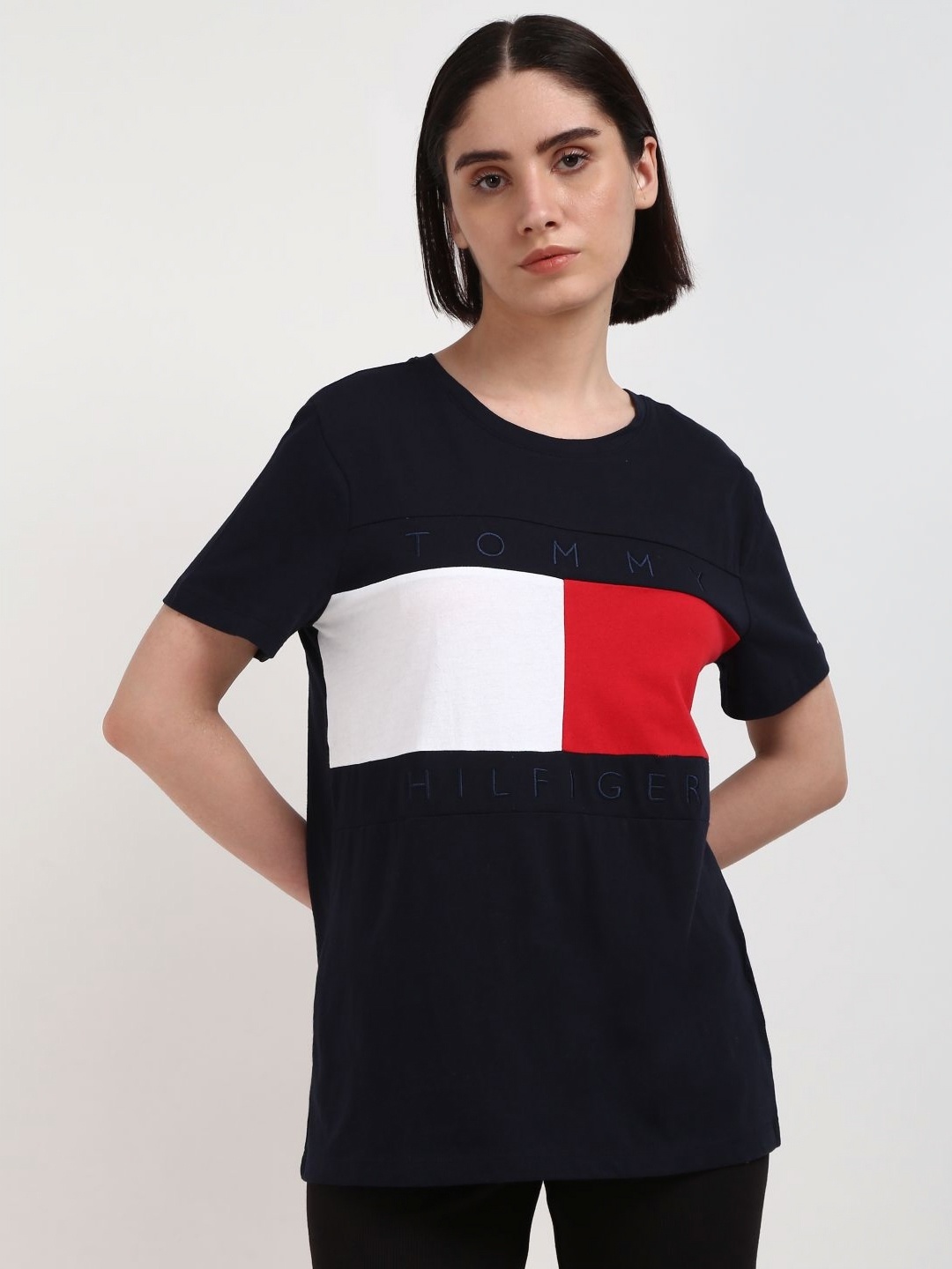 

Tommy Hilfiger Women Colourblocked Round Neck Pure Cotton T-shirt, Navy blue