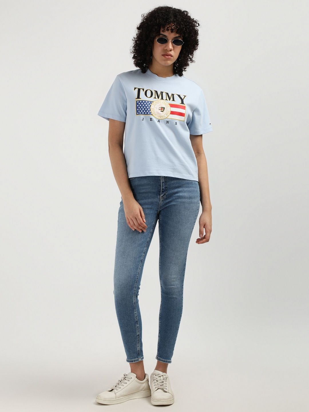 

Tommy Hilfiger Women Typography Printed Round Neck Pure Cotton T-shirt, Blue