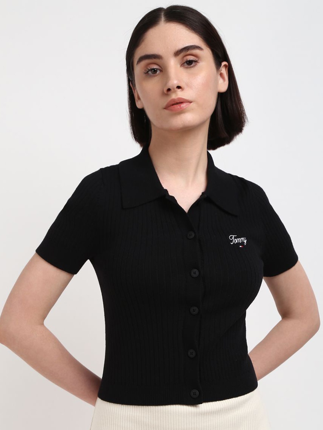 

Tommy Hilfiger Women Ribbed with Embroidered Detail Sweaters, Black
