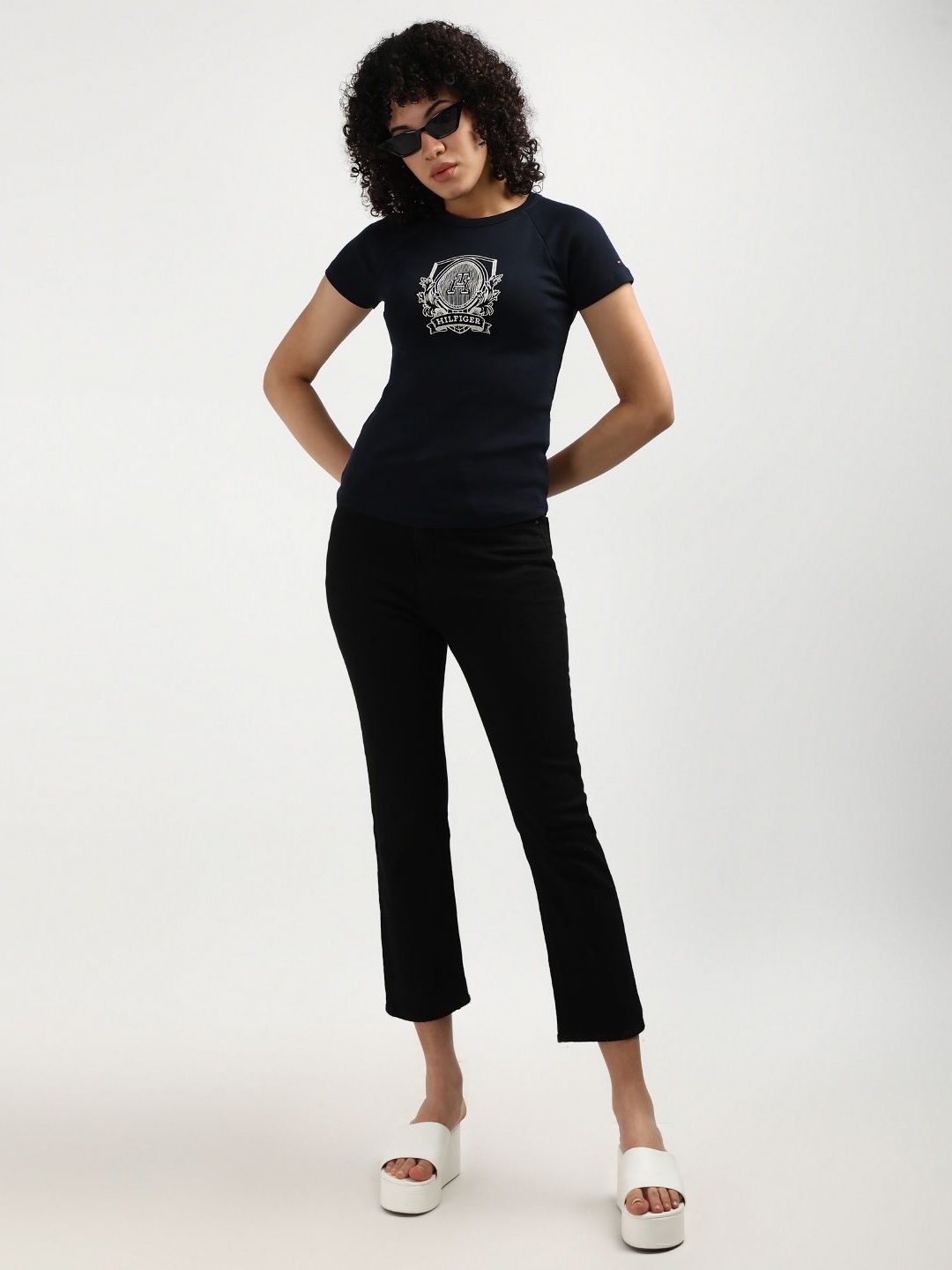 

Tommy Hilfiger Women Graphic Printed Round Neck Cotton Slim Fit T-shirt, Blue