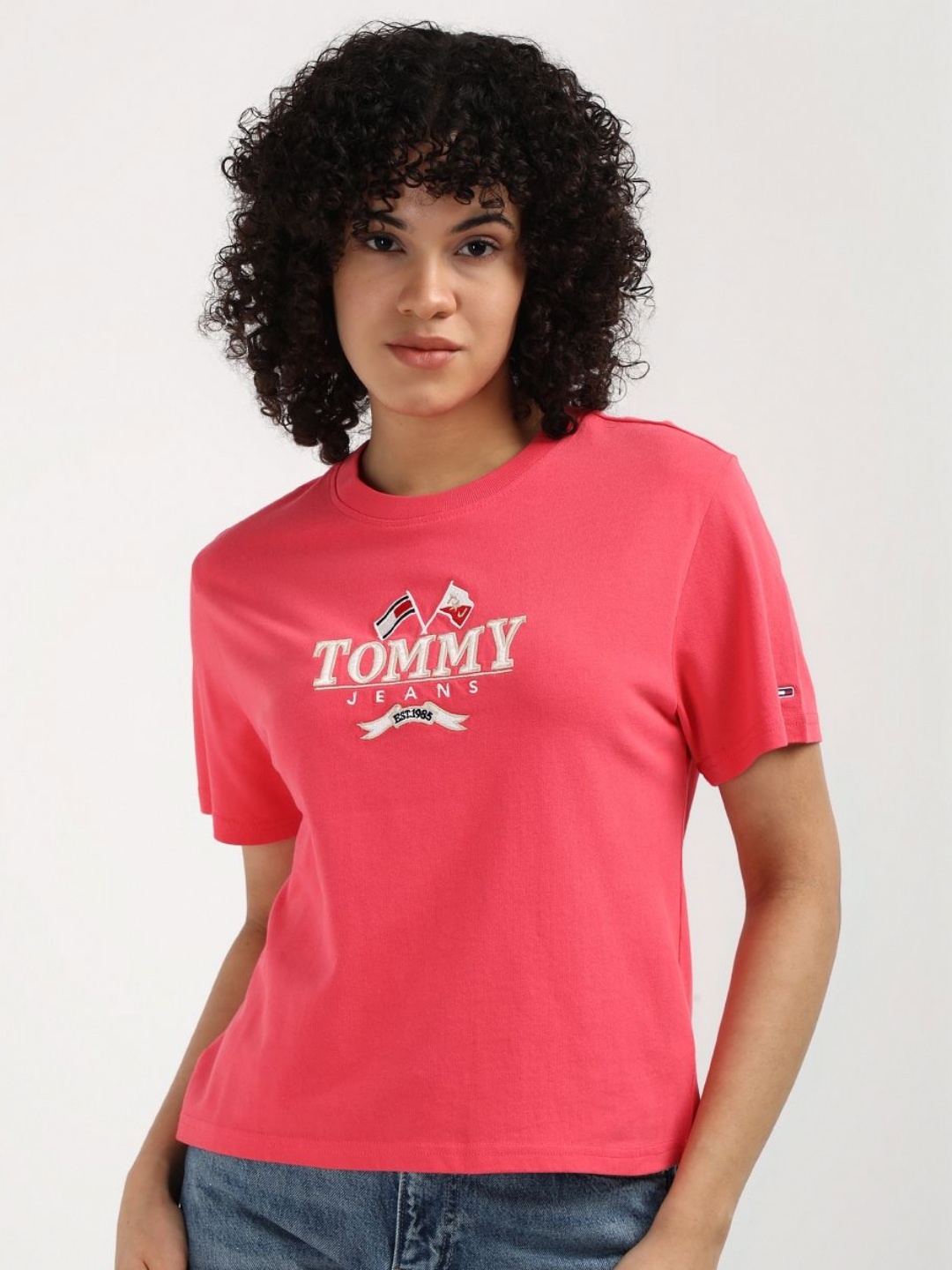 

Tommy Hilfiger Women Embroidered Typography Round Neck Pure Cotton T-shirt, Pink