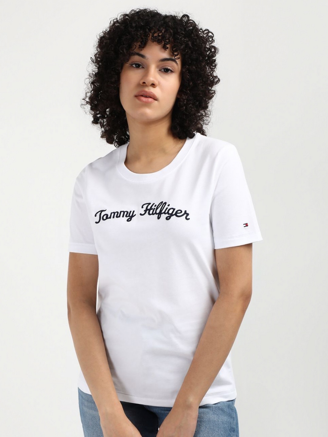 

Tommy Hilfiger Women Embroidered Typography Round Neck Cotton T-shirt, White