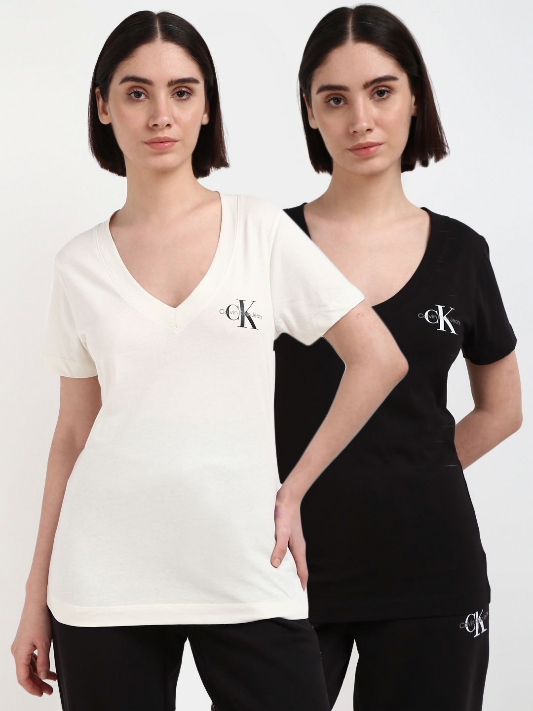 

Calvin Klein Jeans Women Pack Of 2 Printed V-Neck Cotton T-Shirt, White