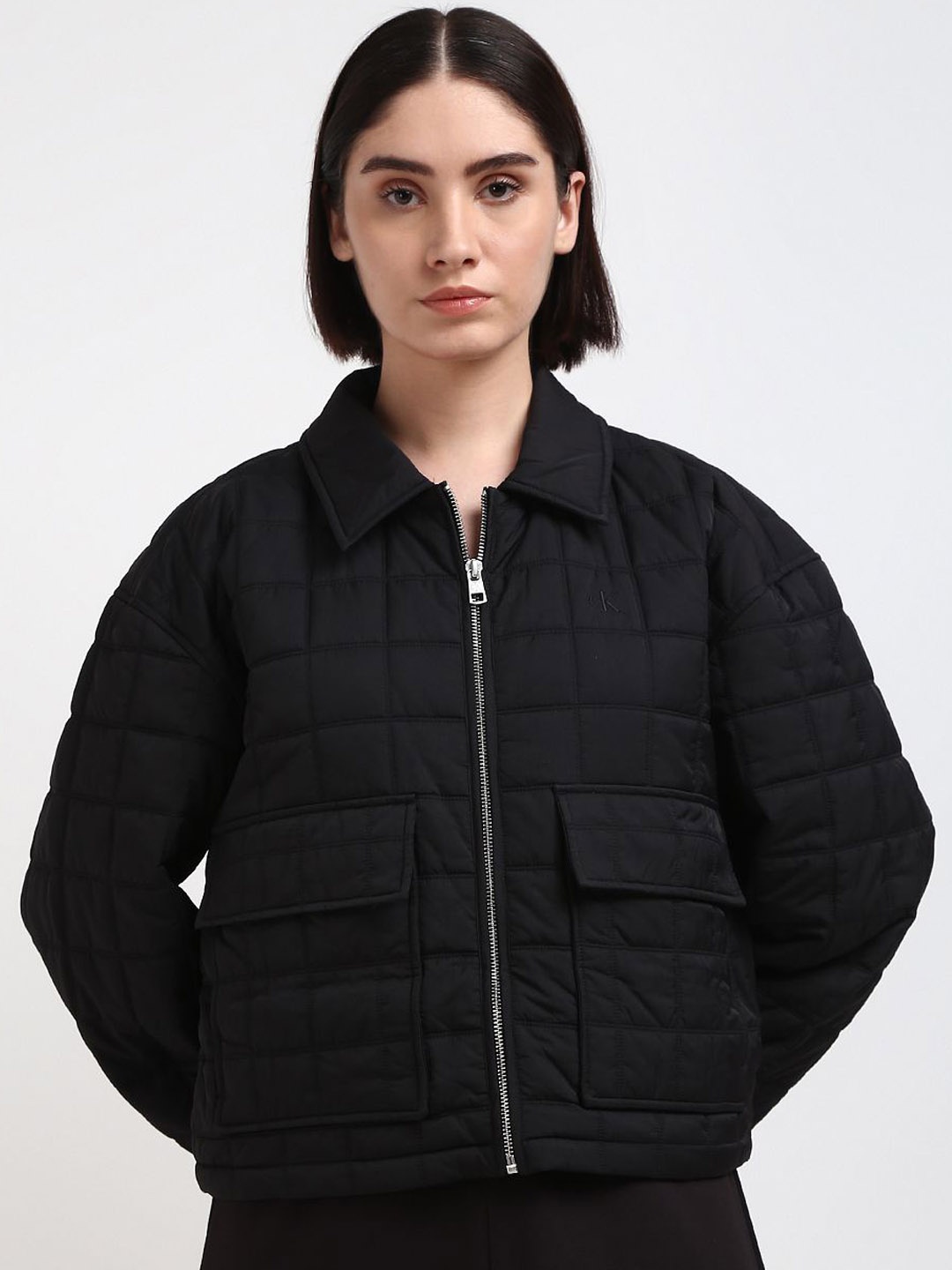 

Calvin Klein Jeans Women Checked Longline Denim Jacket, Black