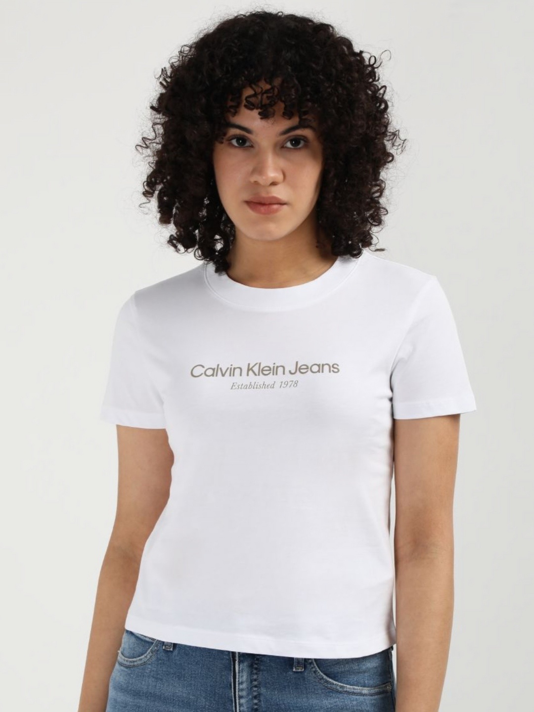 Calvin Klein Jeans Women Printed Round Neck Cotton T-Shirt, White