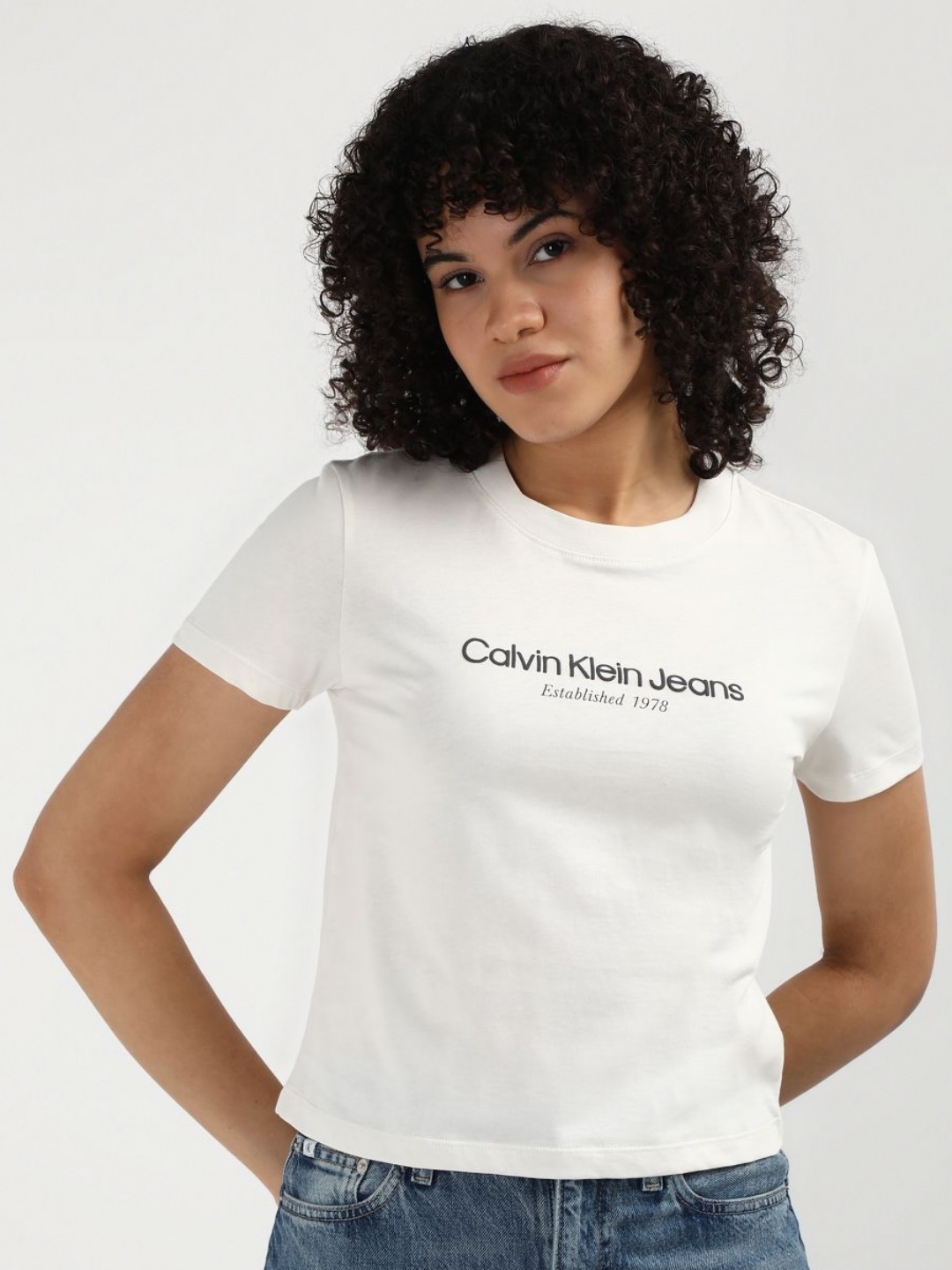 

Calvin Klein Jeans Women Printed Round Neck Cotton T-Shirt, White