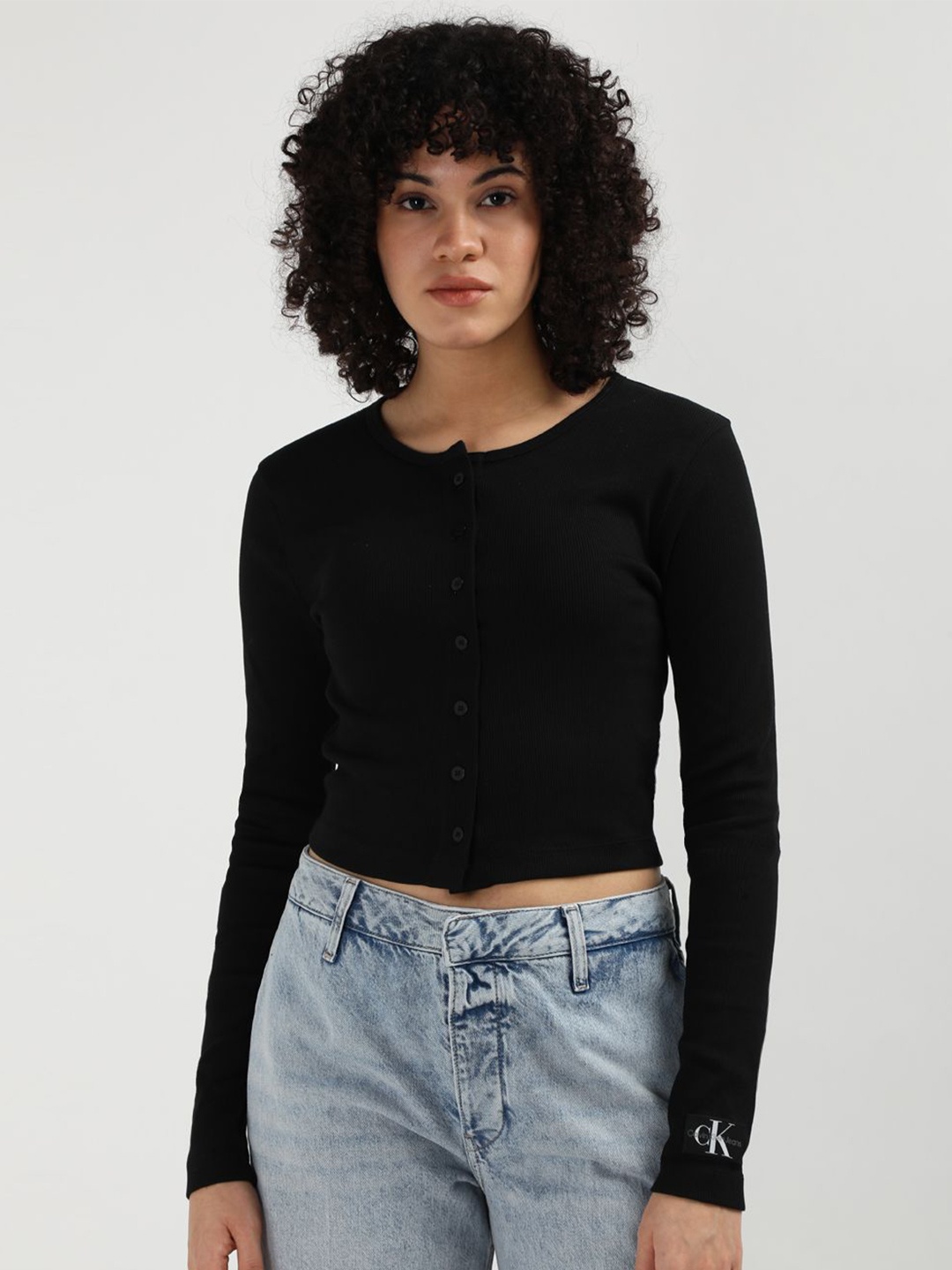 

Calvin Klein Women Jeans Round Neck Long Sleeves Crop Top, Black