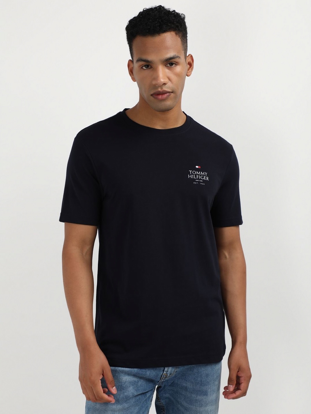 

Tommy Hilfiger Men Typography Printed Round Neck Pure Cotton T-shirt, Navy blue