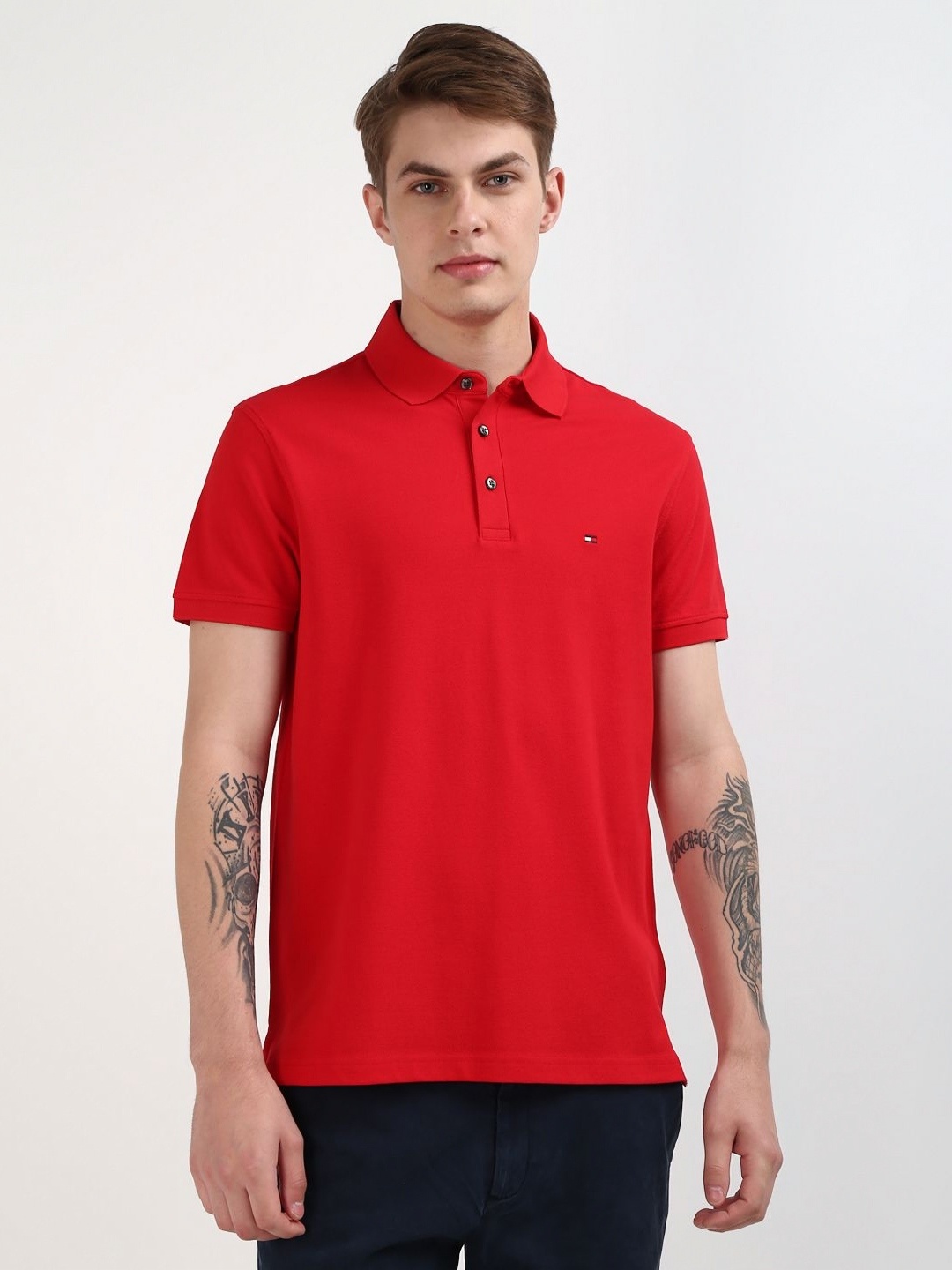 

Tommy Hilfiger Men Solid Polo Collar Organic Cotton Slim Fit T-shirt, Red