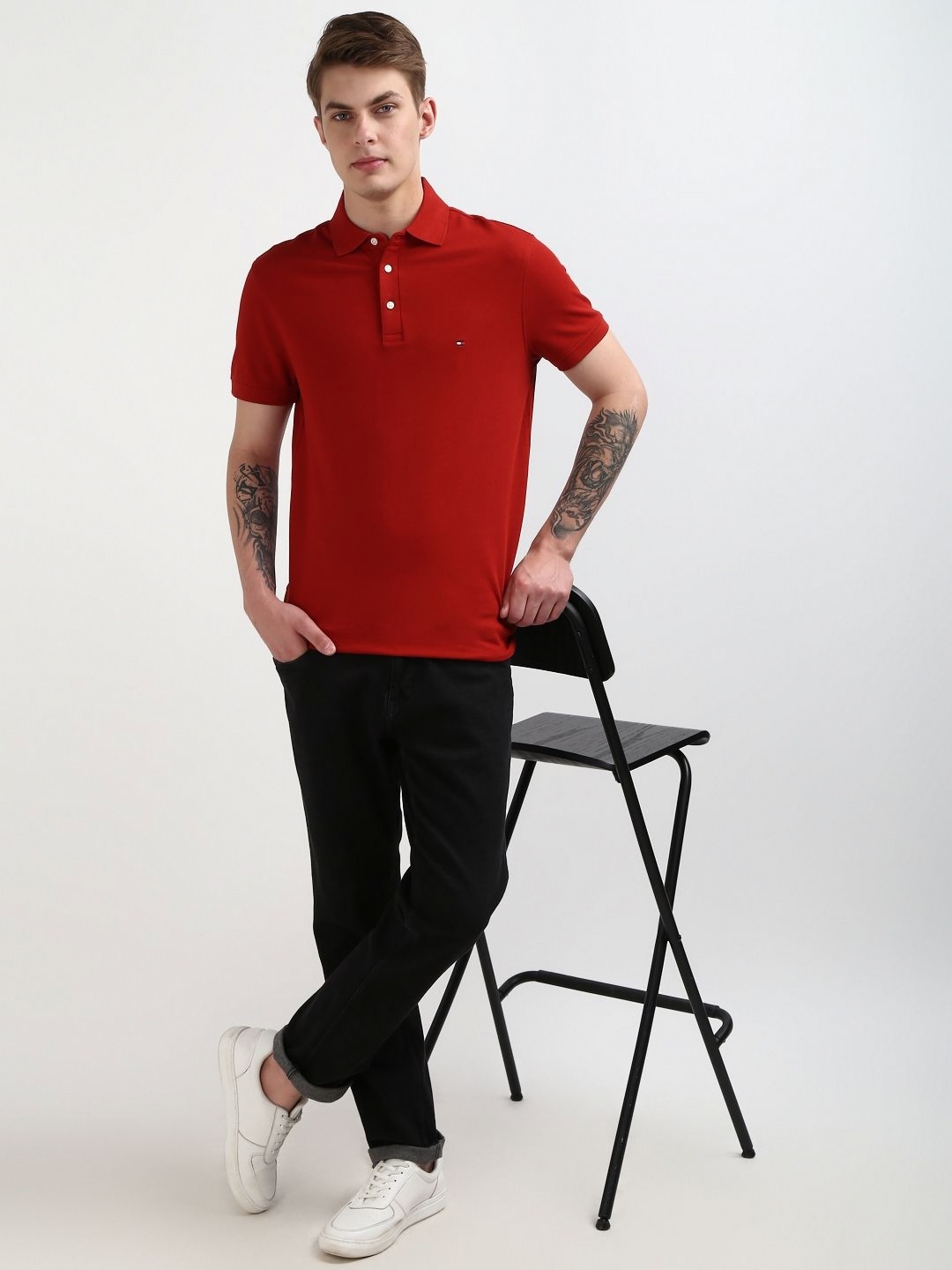 

Tommy Hilfiger Men Solid Polo Collar Organic Cotton Slim Fit T-shirt, Red