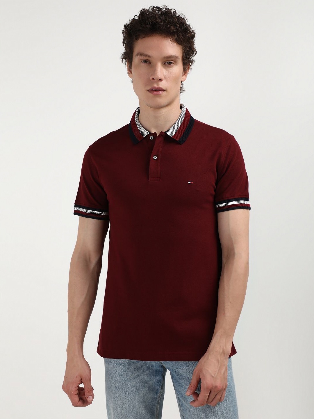

Tommy Hilfiger Men Solid Polo Collar Organic Cotton T-shirt, Burgundy