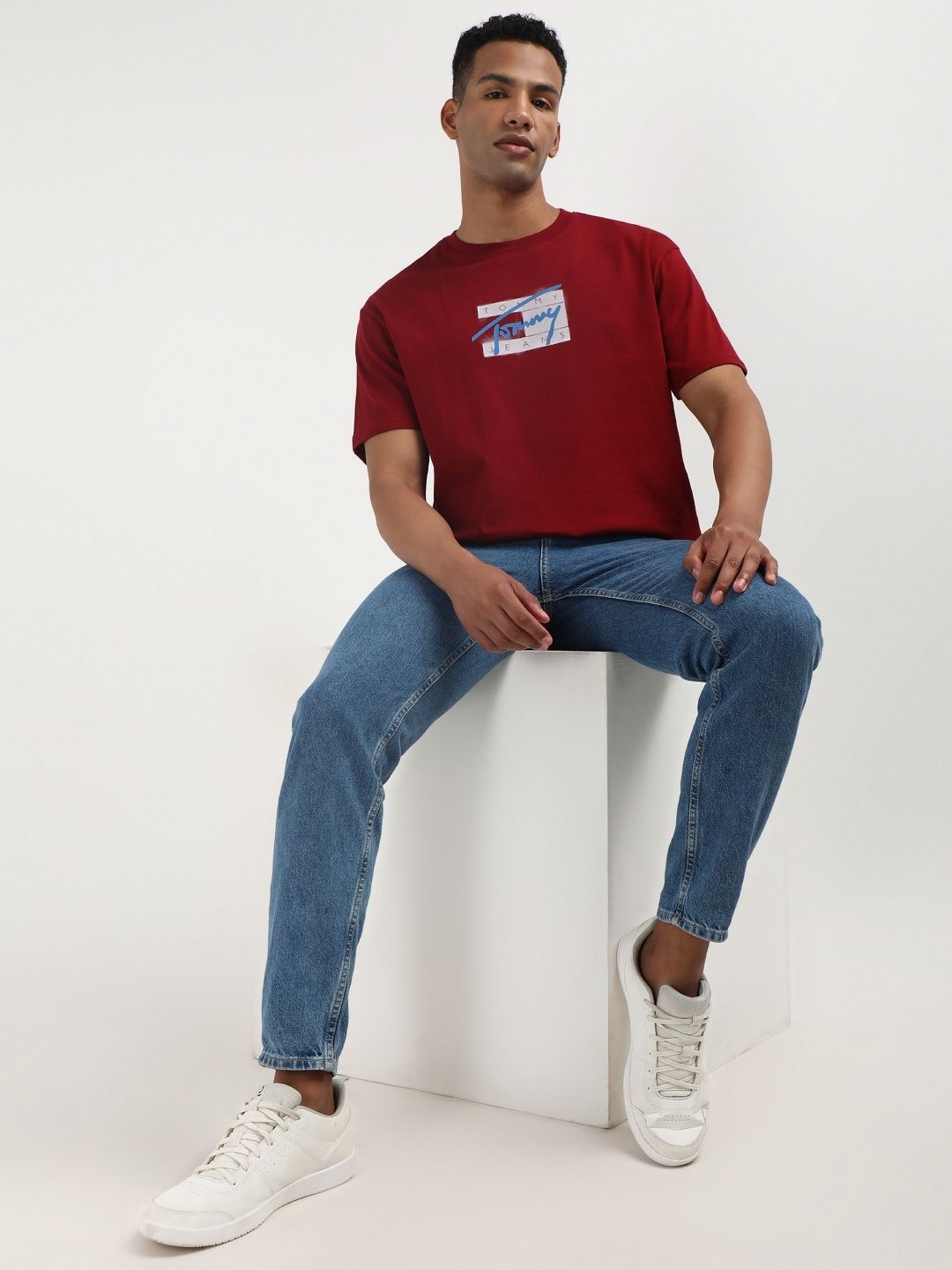 

Tommy Hilfiger Men Typography Printed Round Neck Cotton T-shirt, Red