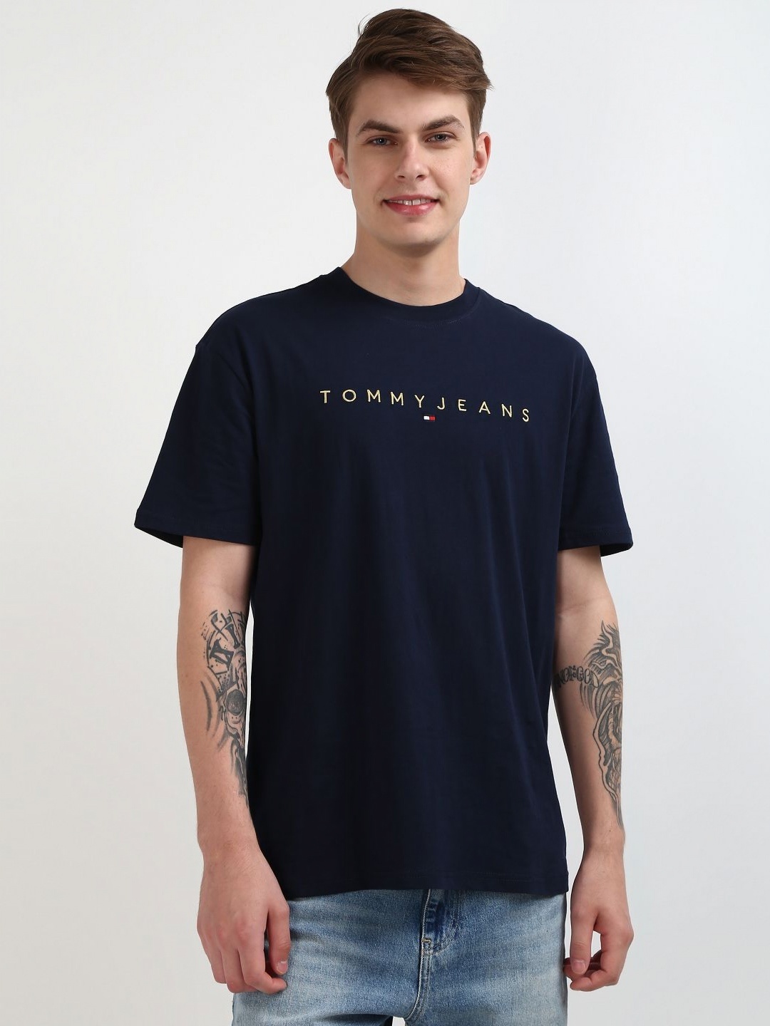 

Tommy Hilfiger Men Embroidered Typography Round Neck Pure Cotton T-shirt, Navy blue