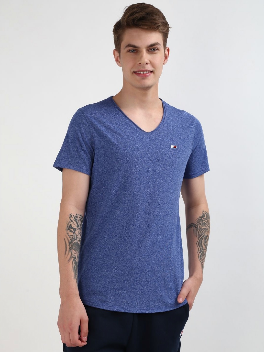 

Tommy Hilfiger Men Solid V-Neck Cotton Slim Fit T-shirt, Blue