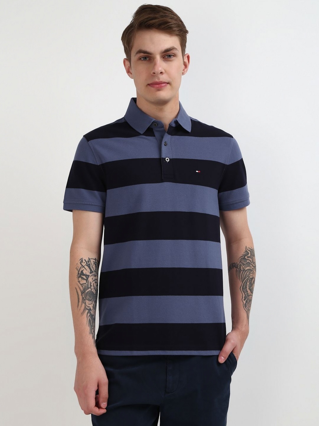 

Tommy Hilfiger Men Striped Polo Collar Pure Cotton Slim Fit T-shirt, Blue
