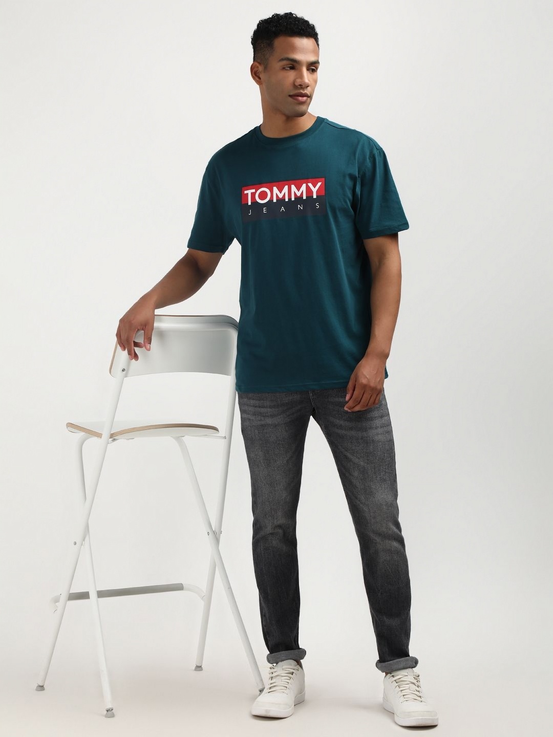 

Tommy Hilfiger Men Typography Printed Round Neck Pure Cotton T-shirt, Teal