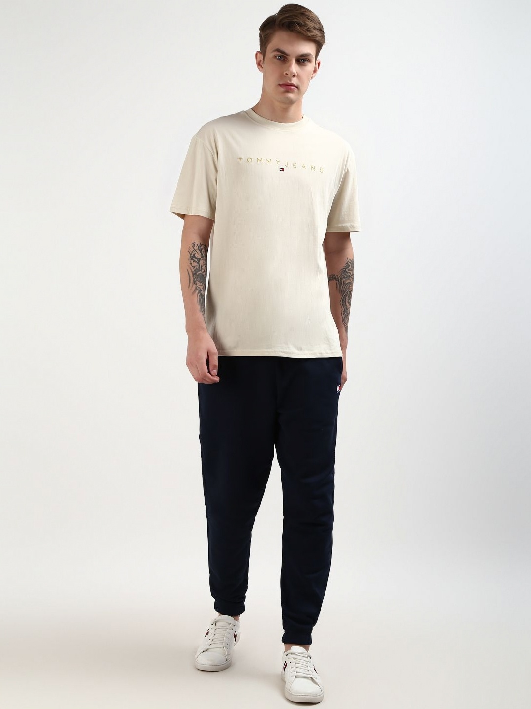 Tommy Hilfiger Men Typography Pure Cotton Raw Edge T-shirt, Beige