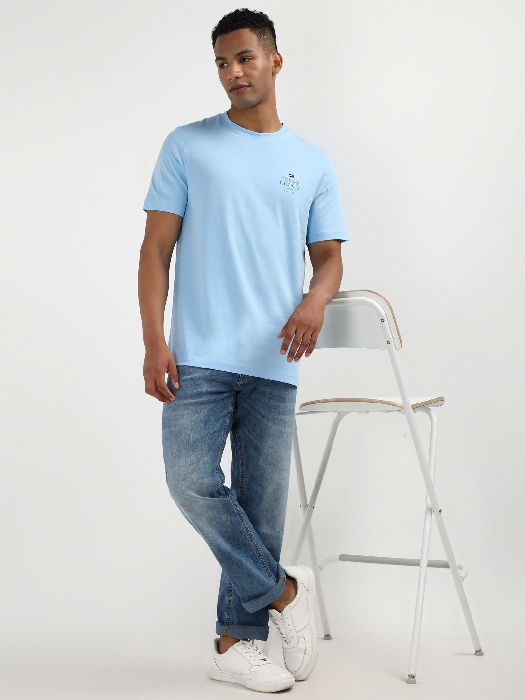 

Tommy Hilfiger Men Solid Printed Round Neck Pure Cotton T-shirt, Blue