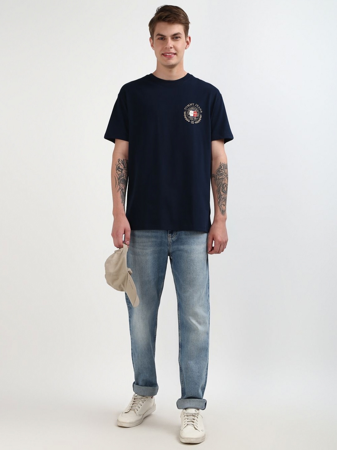 

Tommy Hilfiger Men Solid Printed Round Neck Pure Cotton T-shirt, Navy blue