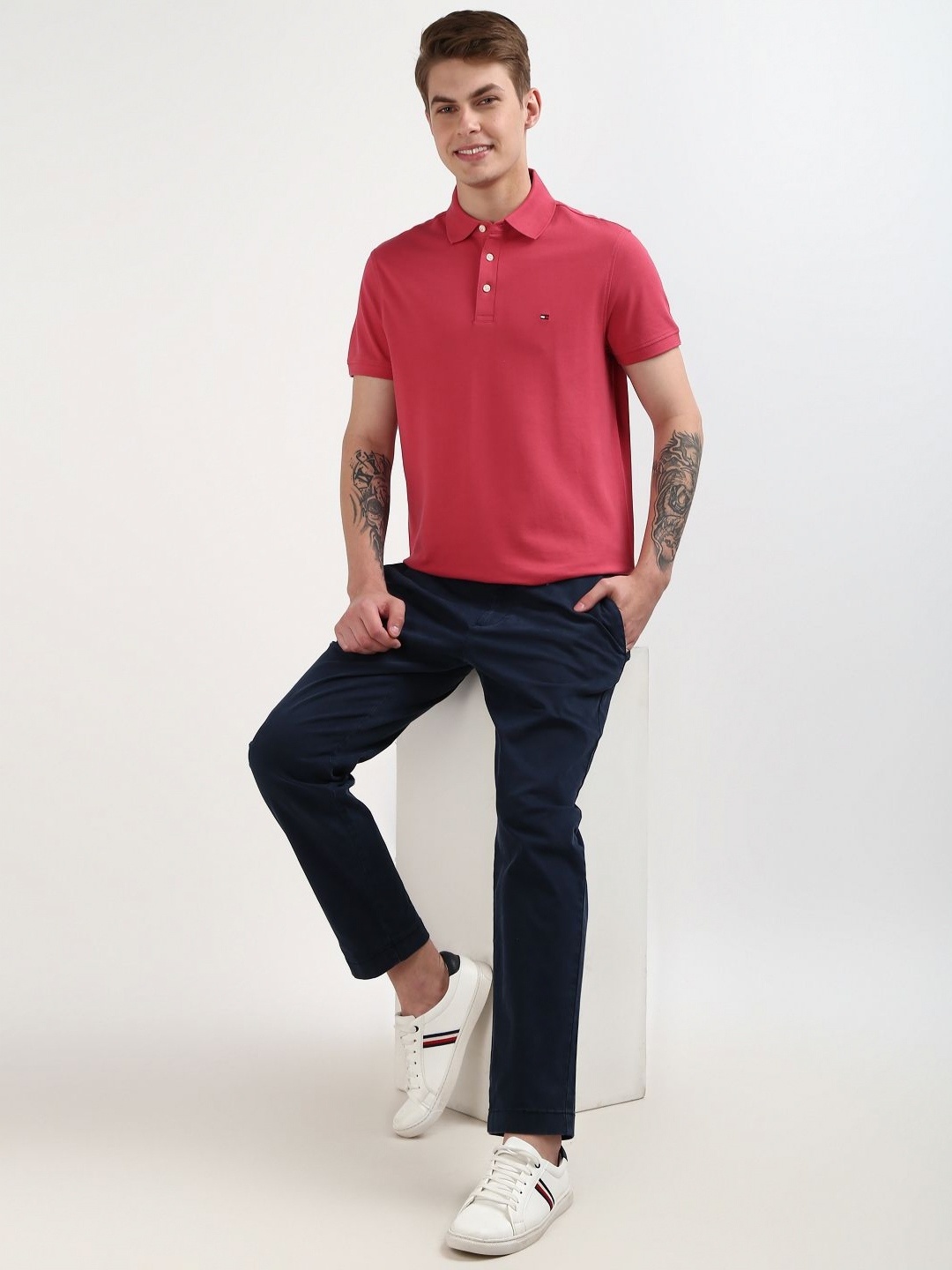 

Tommy Hilfiger Men Solid Polo Collar Organic Cotton Slim Fit T-shirt, Pink