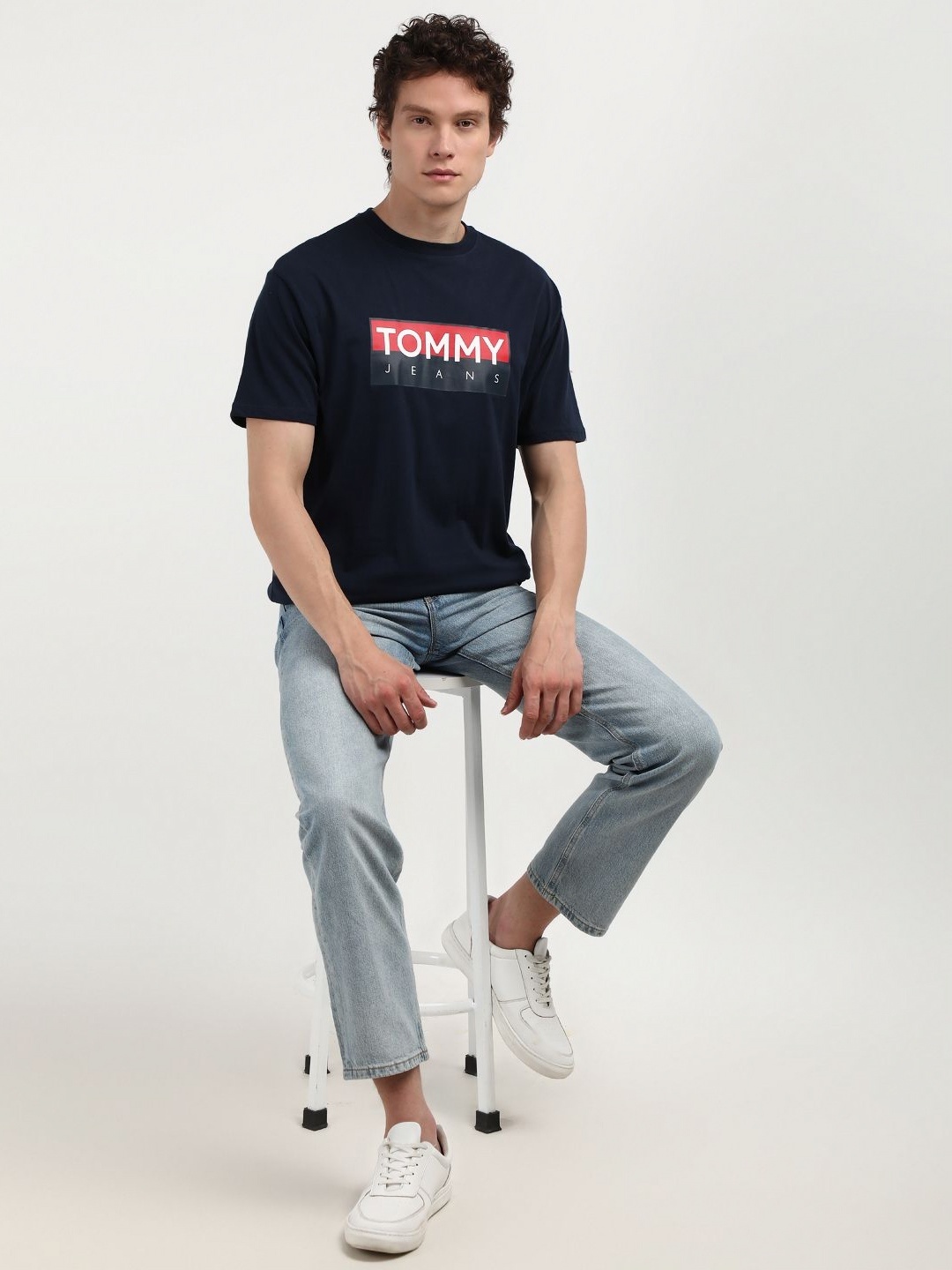 

Tommy Hilfiger Men Typography Printed Round Neck Pure Cotton T-shirt, Navy blue