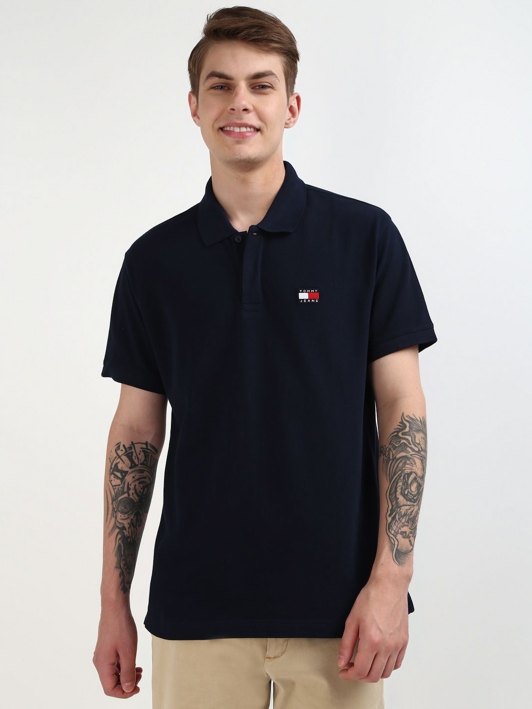 

Tommy Hilfiger Men Solid Polo Collar Pure Cotton T-shirt, Navy blue