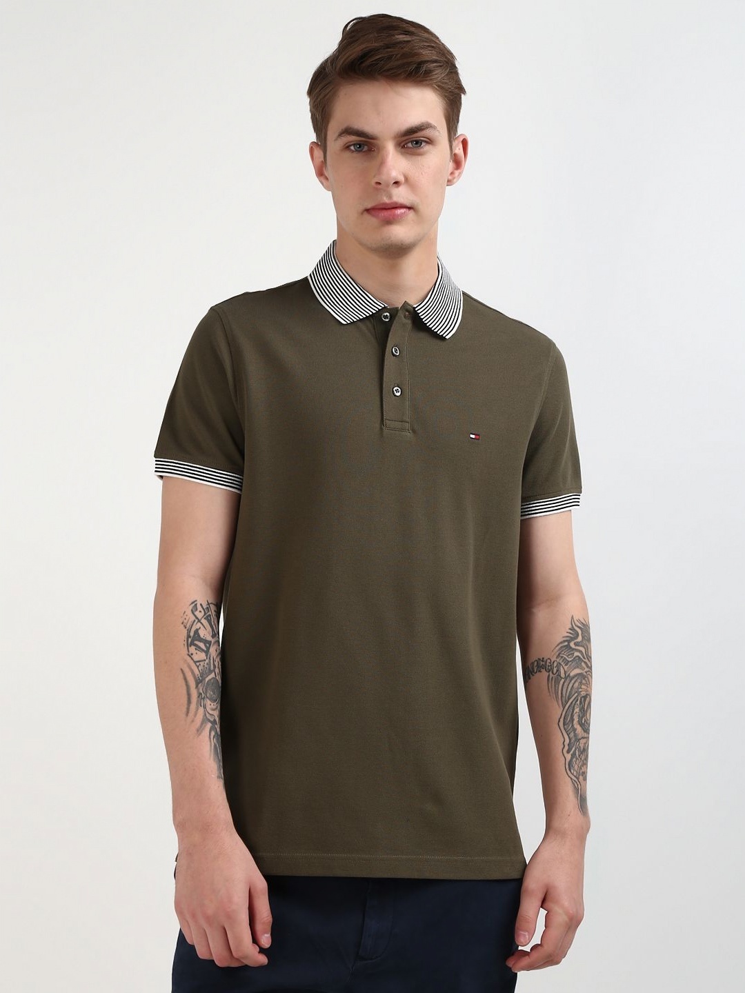 

Tommy Hilfiger Men Solid Polo Collar Organic Cotton T-shirt, Olive