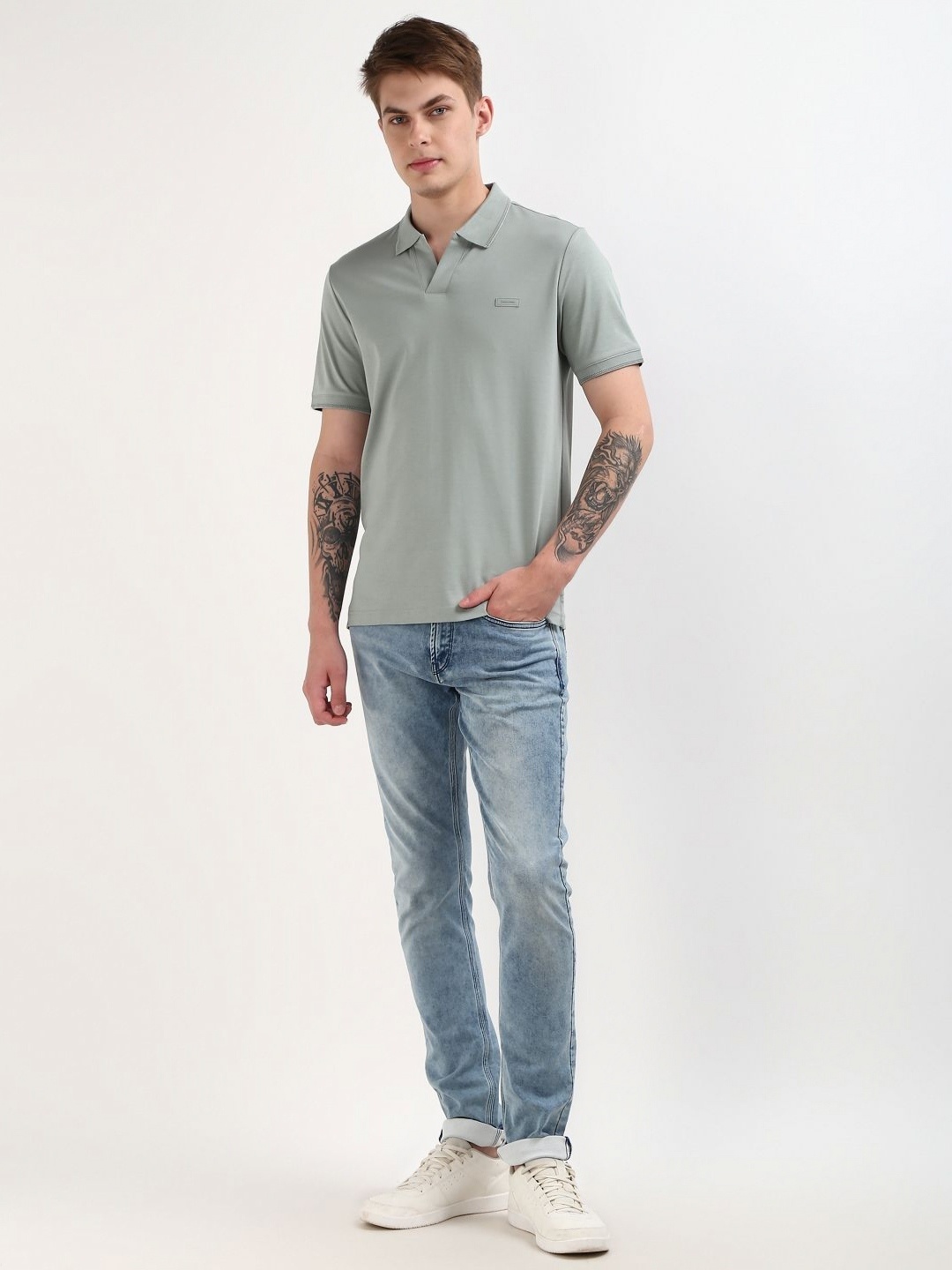 

Calvin Klein Men Solid Polo Collar Organic Cotton Slim Fit T-Shirt, Grey