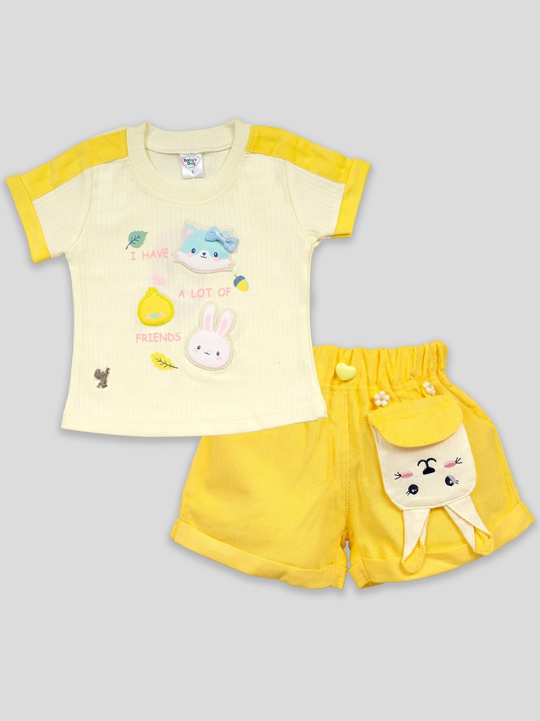 

Babys Day Girls Round Neck Pure Cotton T-shirt with Shorts, Yellow