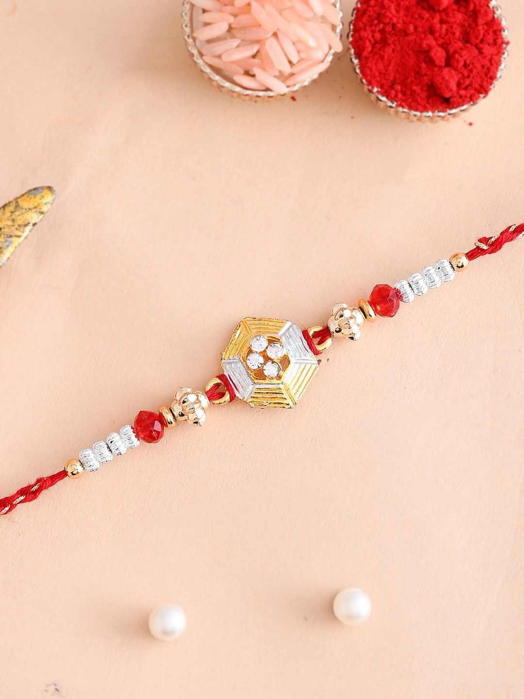 

Aapno Rajasthan Stone-Studded & Beaded Thread Rakhi, Red