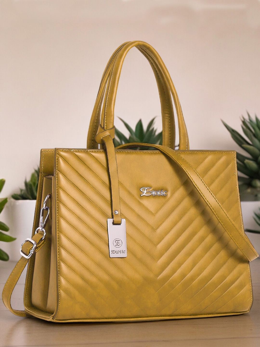 

Exotic PU Structured Handheld Bag with Quilted Details, Yellow