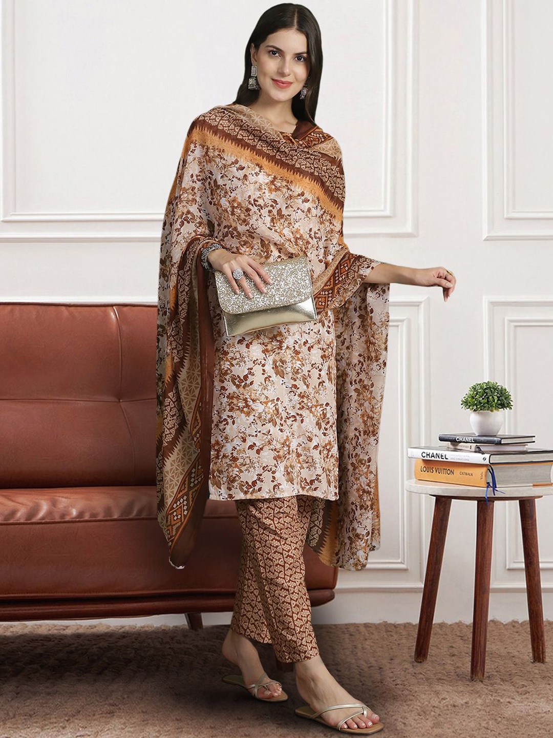

7Threads Floral Printed Regular Pure Cotton Kurta with Trousers & With Dupatta, Rust