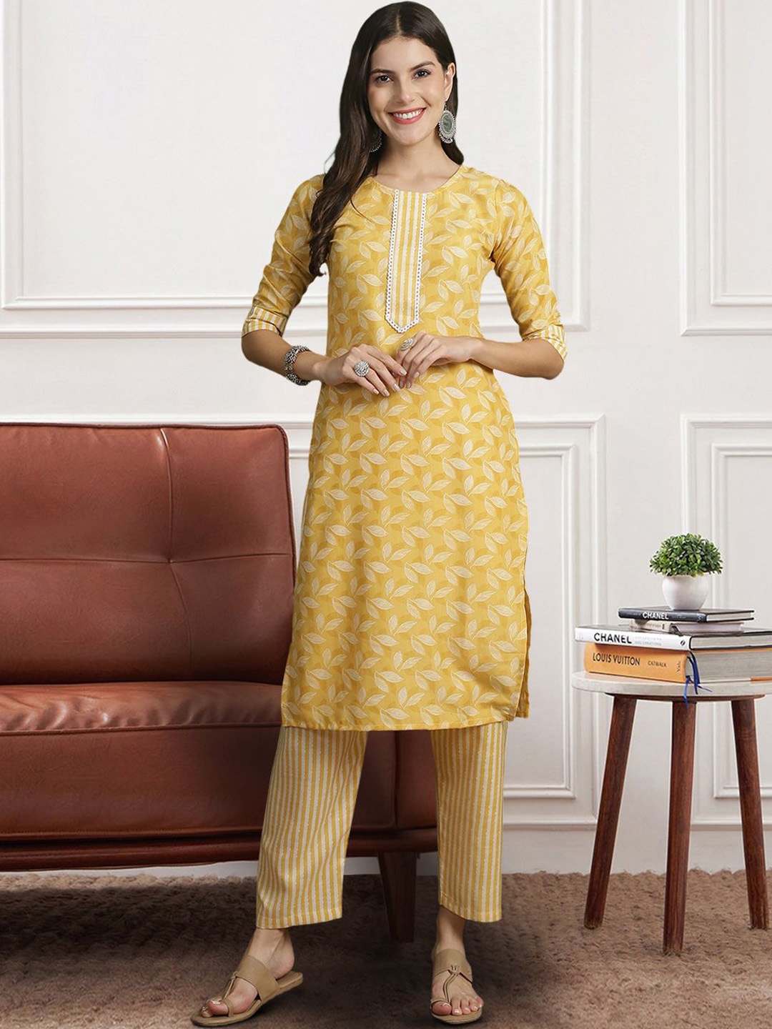 

7Threads Floral Printed Pure Cotton Straight Kurta with Trousers & Dupatta, Yellow