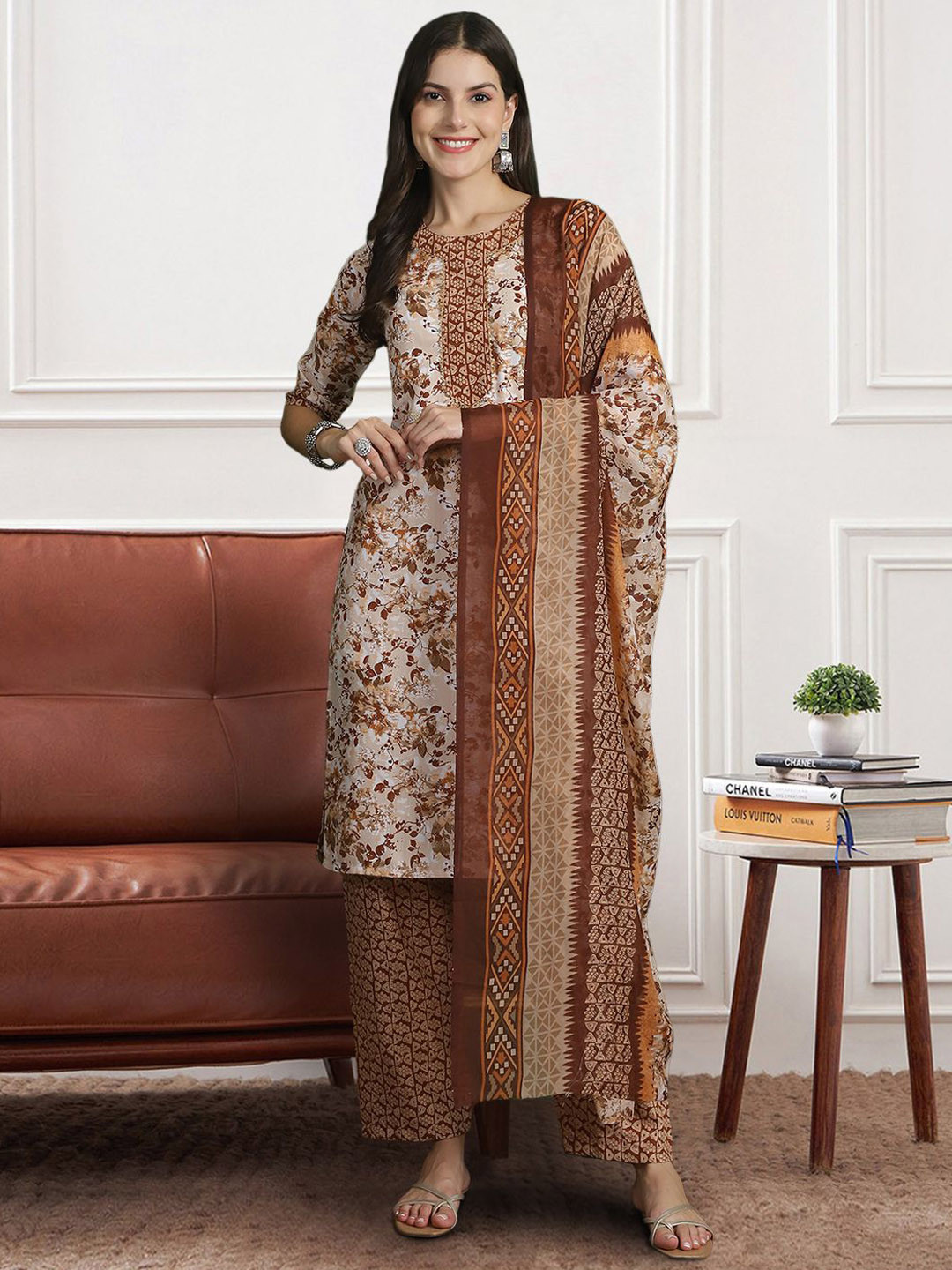 

7Threads Floral Printed Pure Cotton Straight Kurta with Trousers & Dupatta, Beige