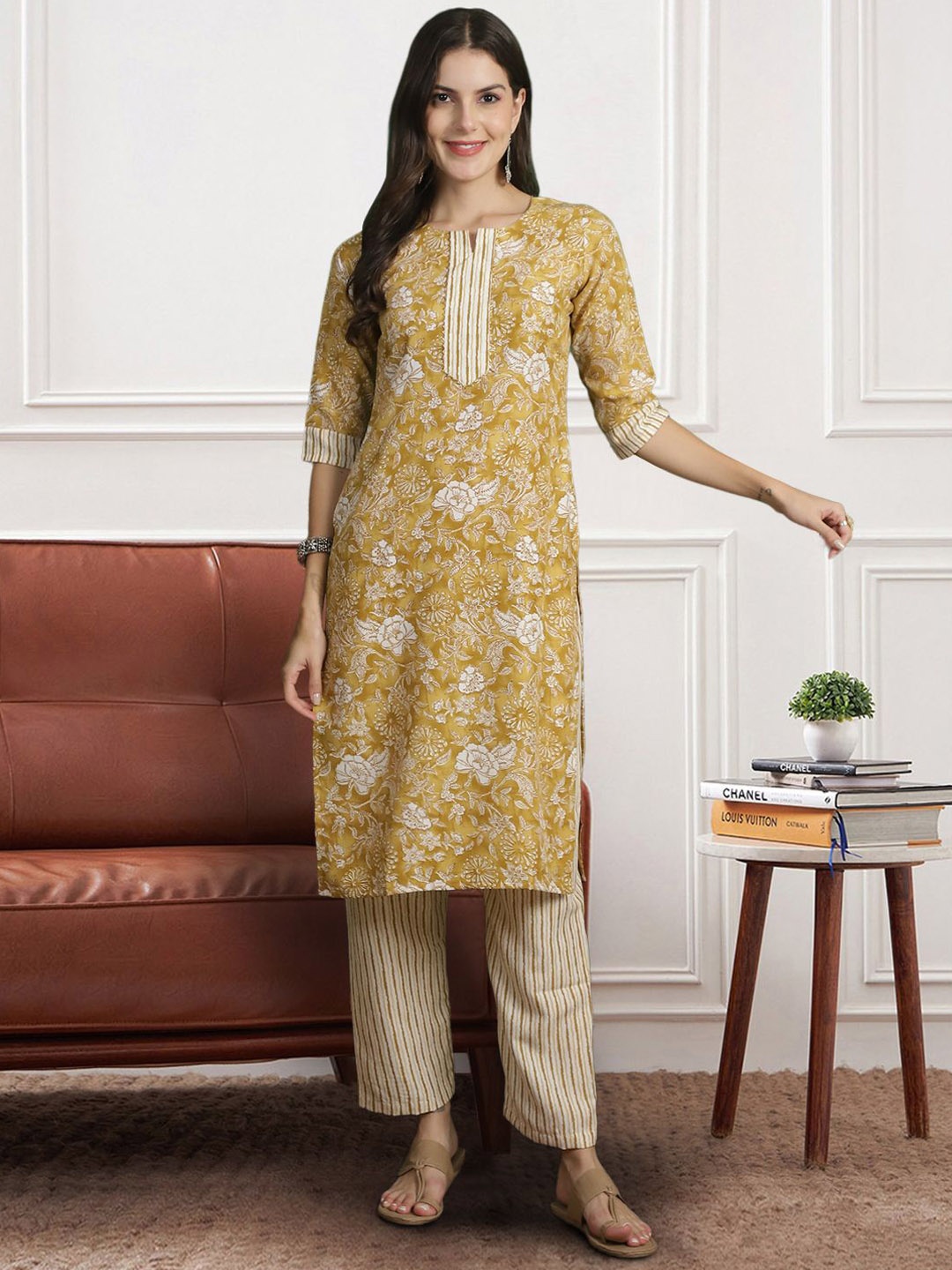 

7Threads Floral Printed Pure Cotton Straight Kurta with Trousers & Dupatta, Mustard