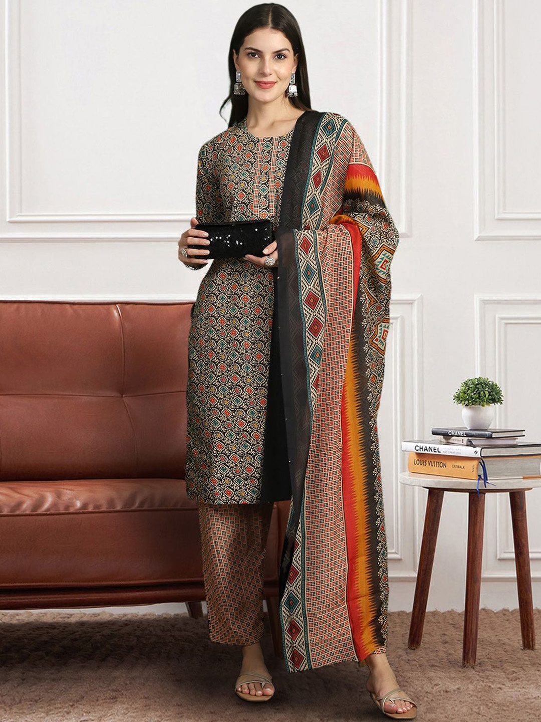 

7Threads Floral Printed Pure Cotton Straight Kurta with Trousers & Dupatta, Beige