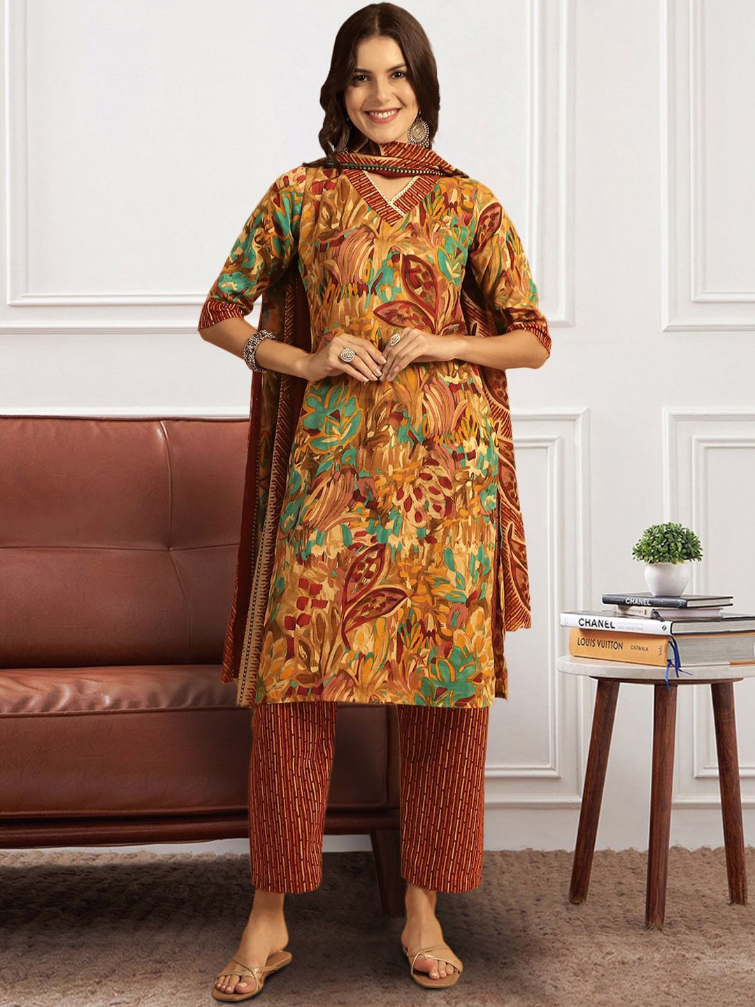 

7Threads Floral Printed V-Neck Pure Cotton Straight Kurta with Trousers & Dupatta, Mustard