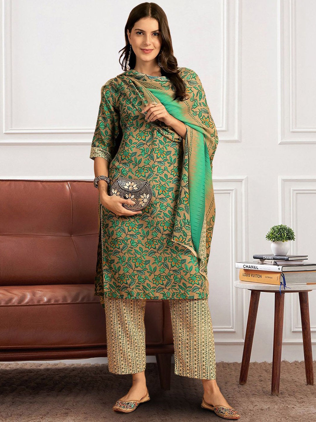 

KALINI Floral Printed Pure Cotton Straight Kurta with Trousers & Dupatta, Beige