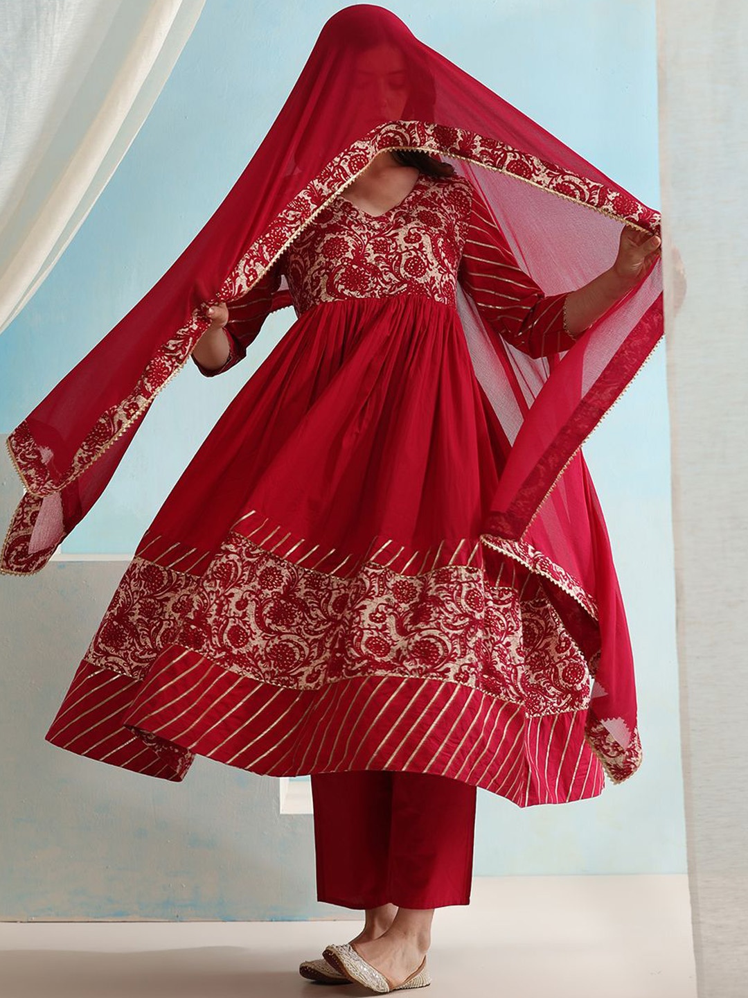 Khushal K Floral Printed V-Neck Anarkali Kurta with Palazzos