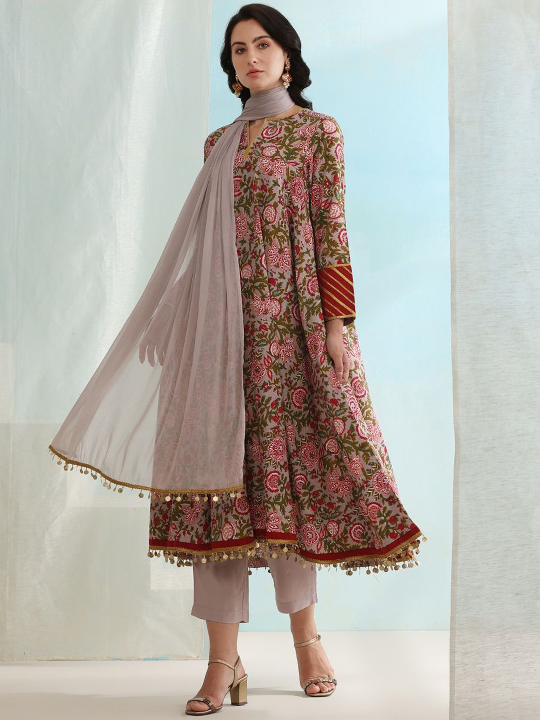

Khushal K Floral Printed Anarkali Kurta with Trousers & Dupatta, Grey