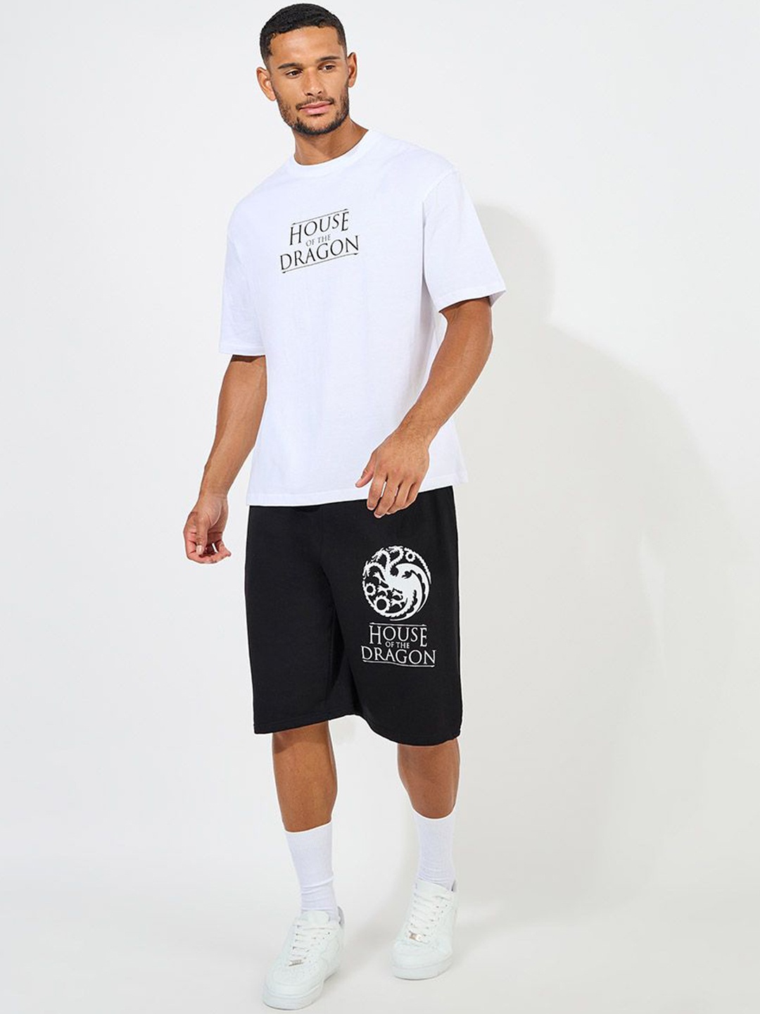 

Styli Men House of Dragon Graphic Printed Oversized Terry Shorts, Black