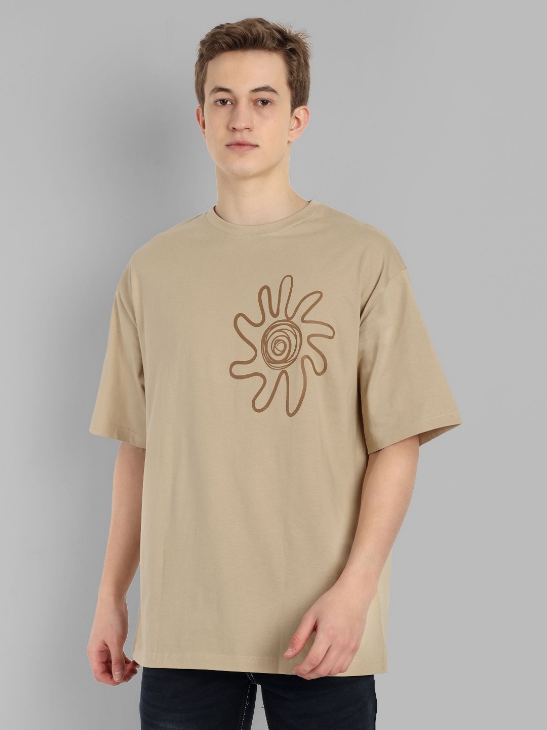 

TOMHIDDLE Men Graphic Printed Round Neck Cotton Oversized T-Shirt, Khaki