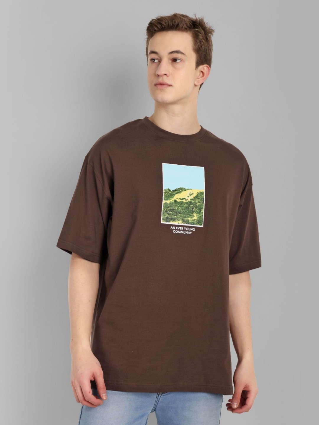 

TOMHIDDLE Men Graphic Printed Round Neck Cotton Oversized T-Shirt, Brown