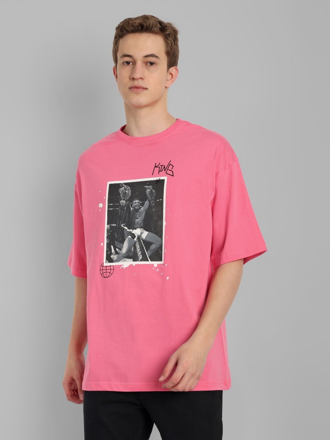 

TOMHIDDLE Men Graphic Printed Round Neck Cotton Oversized T-Shirt, Pink