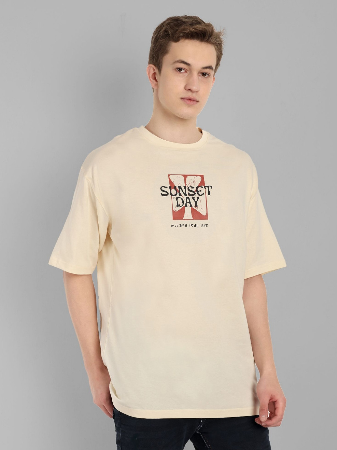 

TOMHIDDLE Men Typography Printed Round Neck Cotton Oversized T-Shirt, Cream