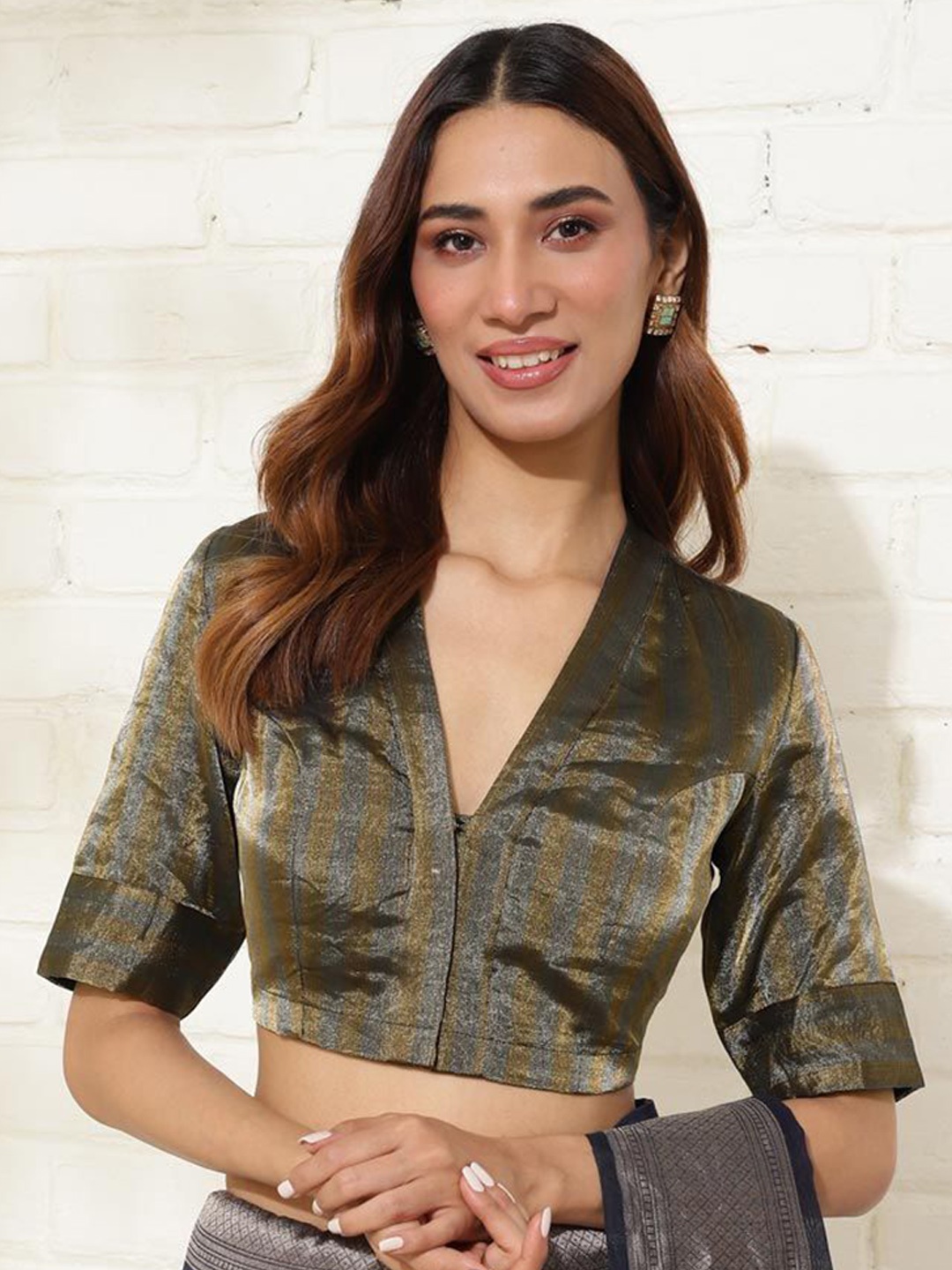 

Fabindia Striped V-Neck Cotton Stitched Saree Blouse, Black