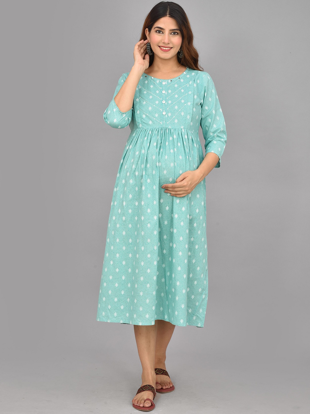 

Negen Women Ethnic Motifs Print Cotton Maternity Fit and Flare Midi Ethnic Dress, Blue