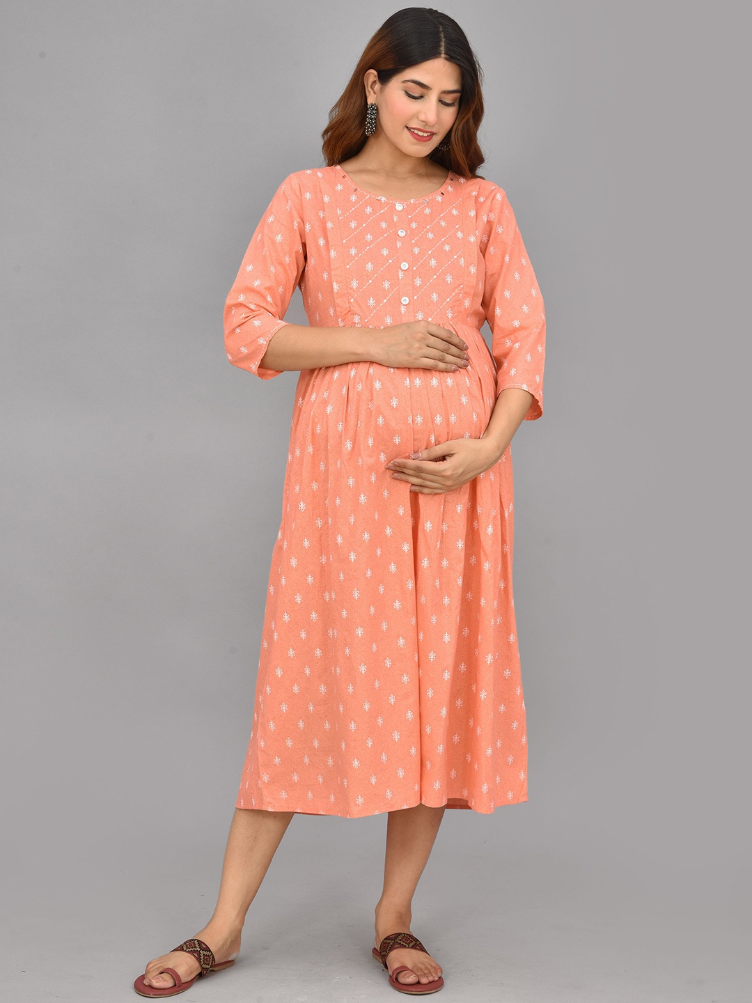 

Negen Ethnic Motifs Print Maternity A-Line Midi Ethnic Dress, Peach