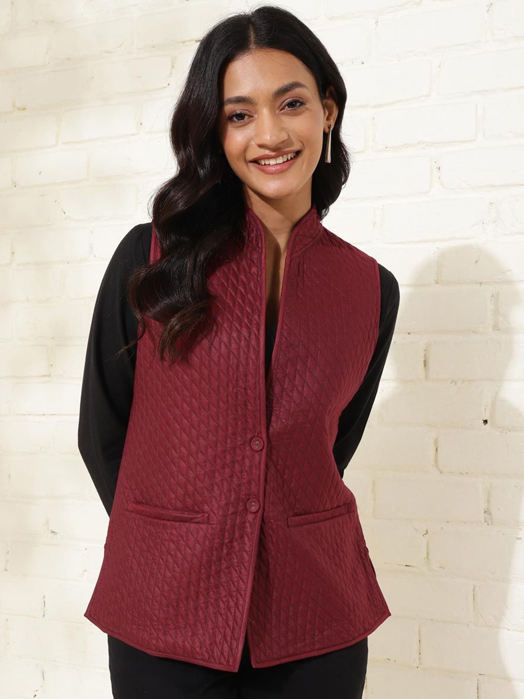 

Fabindia Woven-Design Women Nehru Jacket, Maroon